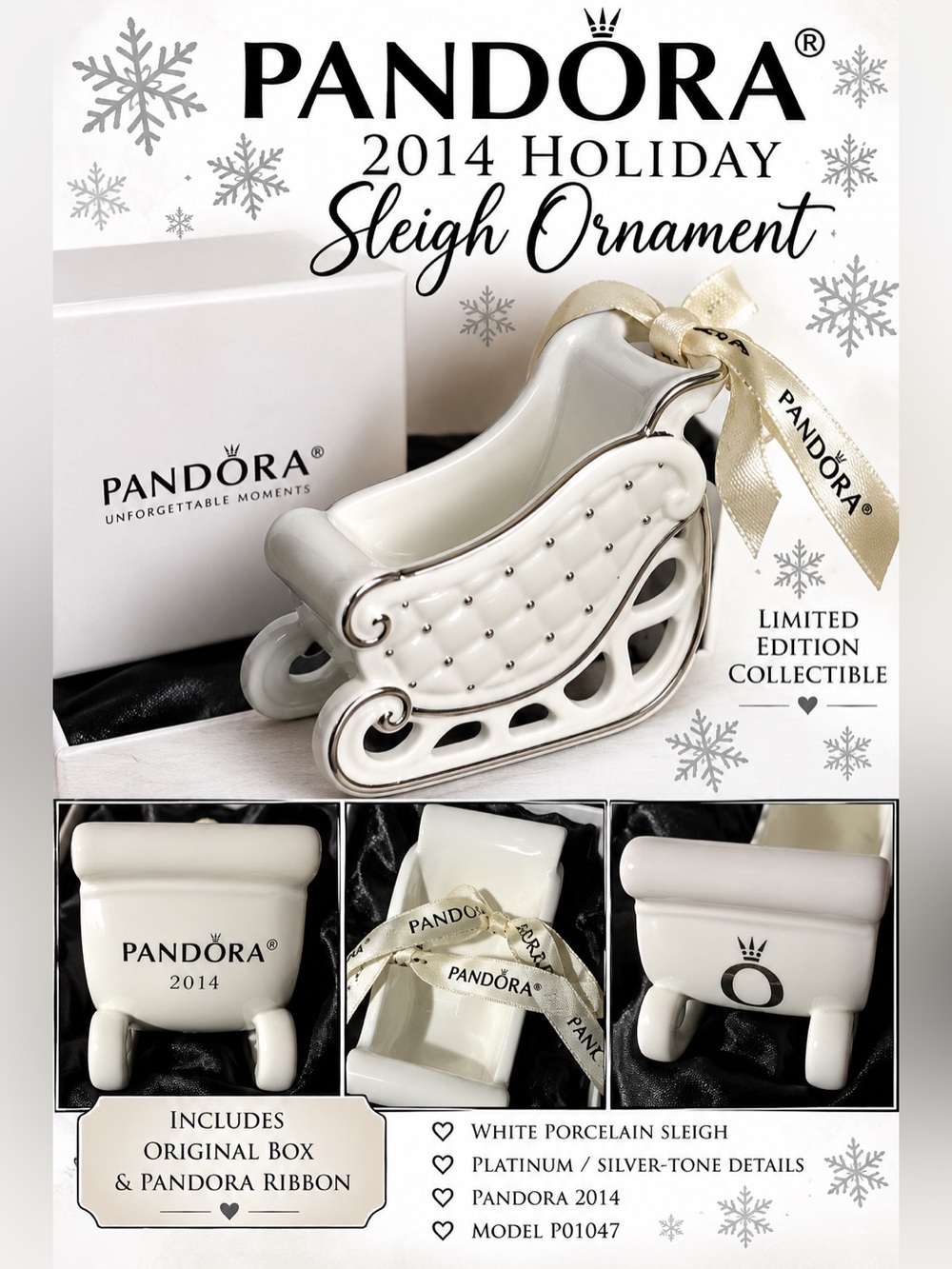 Pandora 2014 Limited Edition Porcelain Sleigh Christmas Ornament P01047 Box